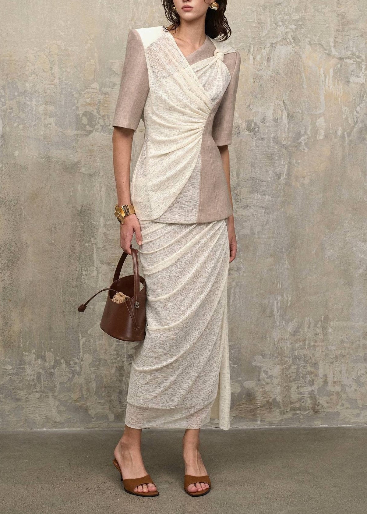 Galessa Bow-Detail Pleated Slit Two-Piece Set