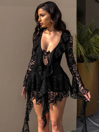 Tavion Lace Dress Deep V Neck Ruffle Mini Dress