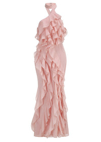 Galilahi Halter Ruffle Detail Maxi Dress In Pink