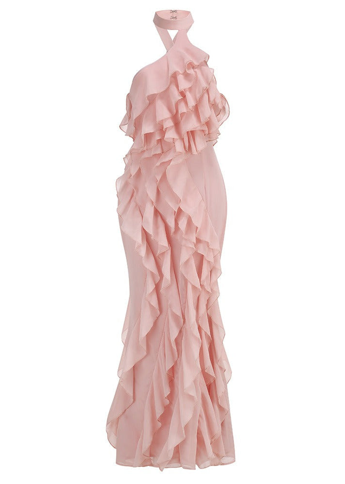Galilahi Halter Ruffle Detail Maxi Dress In Pink