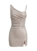 Irvakon Silver Rhinestone Draped Mini Dress