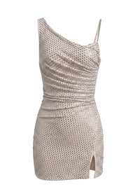 Irvakon Silver Rhinestone Draped Mini Dress