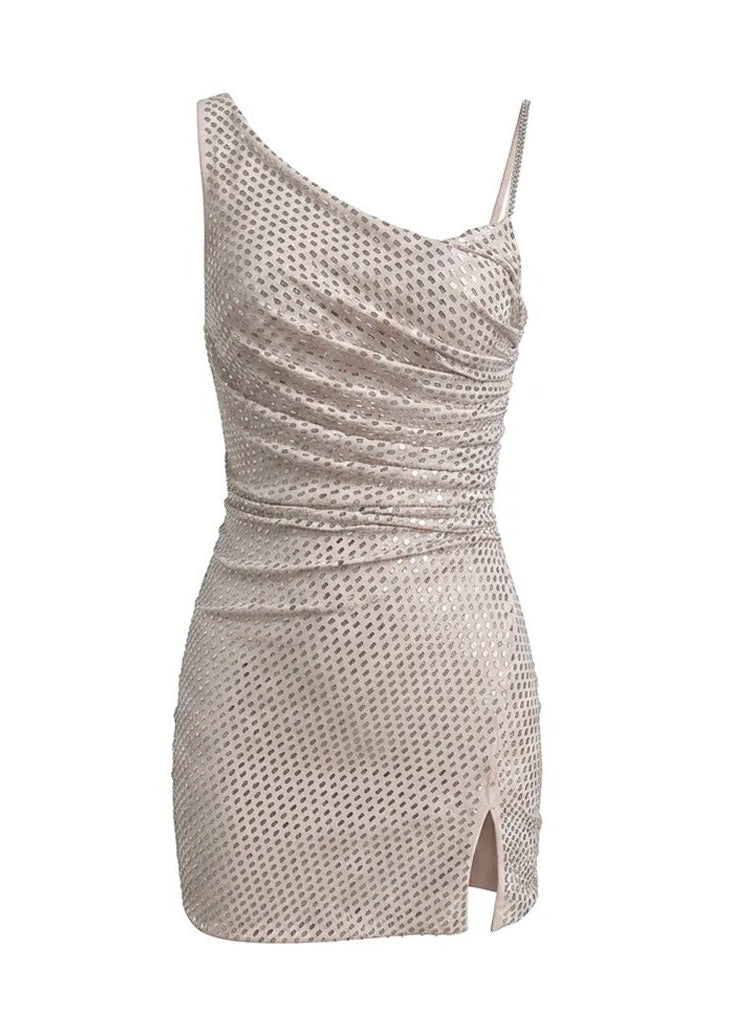 Irvakon Silver Rhinestone Draped Mini Dress