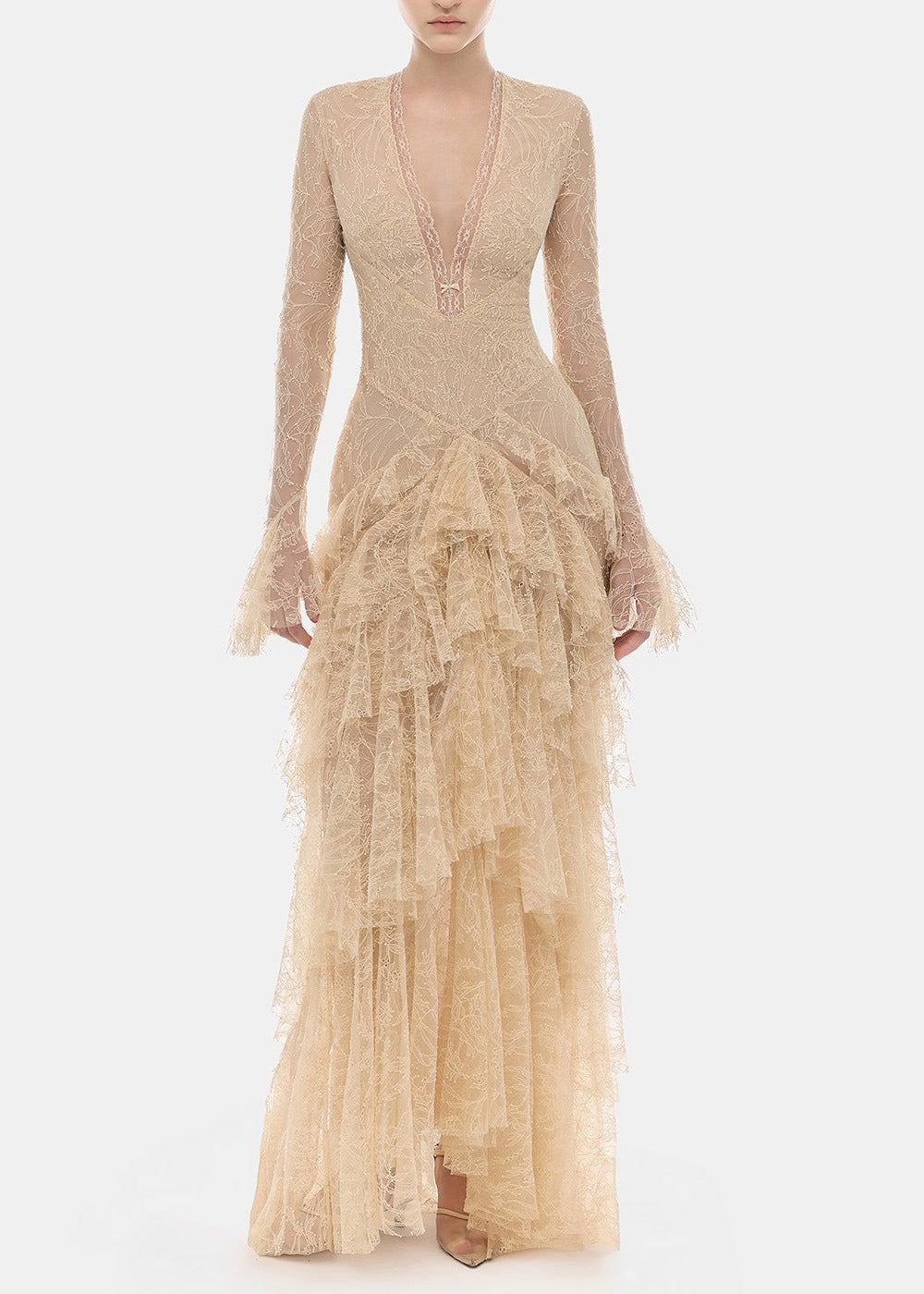 Florissa V Neck Lace Tiered Maxi Dress