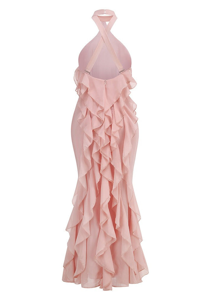 Galilahi Halter Ruffle Detail Maxi Dress In Pink