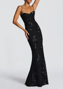 Dichen Black Floral Appliqué Corset Maxi Dress