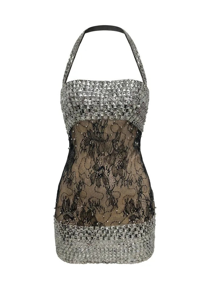 Iskoren Rhinestone-Embellished Halter-Neck Lace Mini Dress