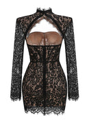 Lurevin Black Turtleneck Lace Mini Dress
