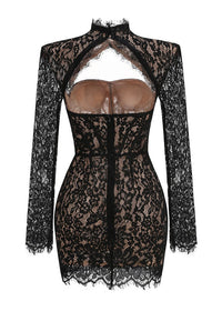 Lurevin Black Turtleneck Lace Mini Dress