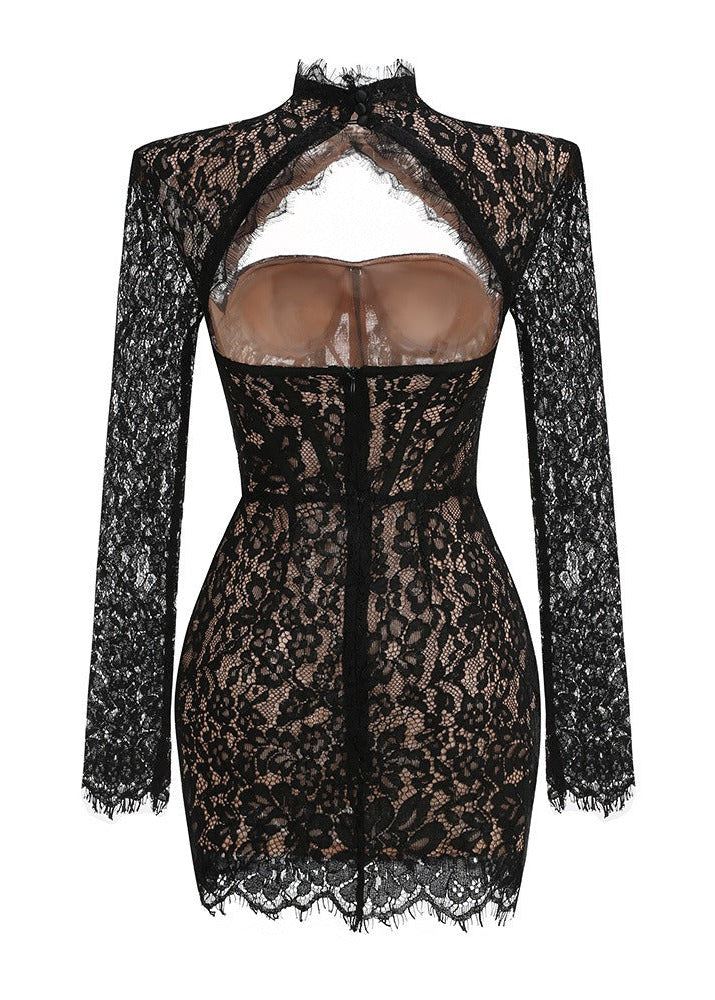 Lurevin Black Turtleneck Lace Mini Dress