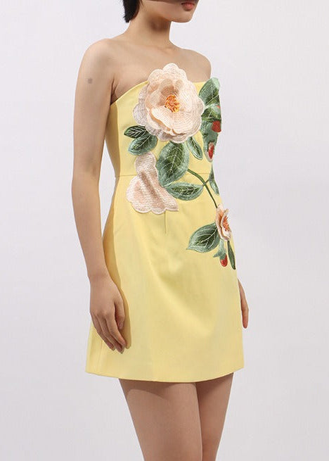 Arygon Strapless Embroidered Floral Mini Dress In Yellow