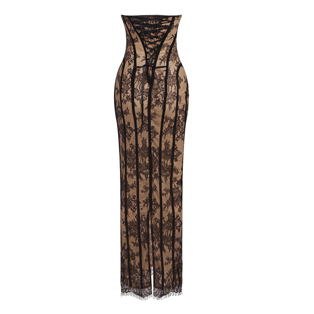 Vazrik Black Floral Lace Corset Maxi Dress