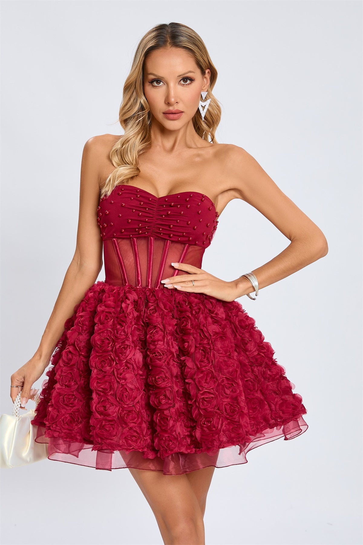 Osorio Strapless Floral Corset A Line Mini Dress In Red