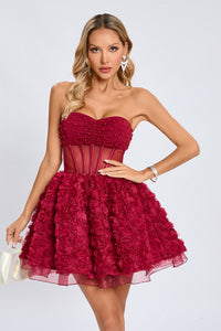 Osorio Strapless Floral Corset A Line Mini Dress In Red