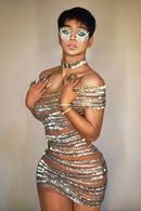 Gali Off Shoulder Rhinestone Mesh Mini Dress