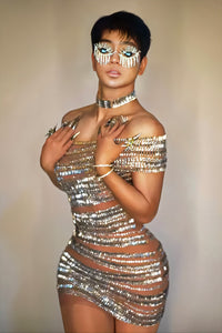 Gali Off Shoulder Rhinestone Mesh Mini Dress