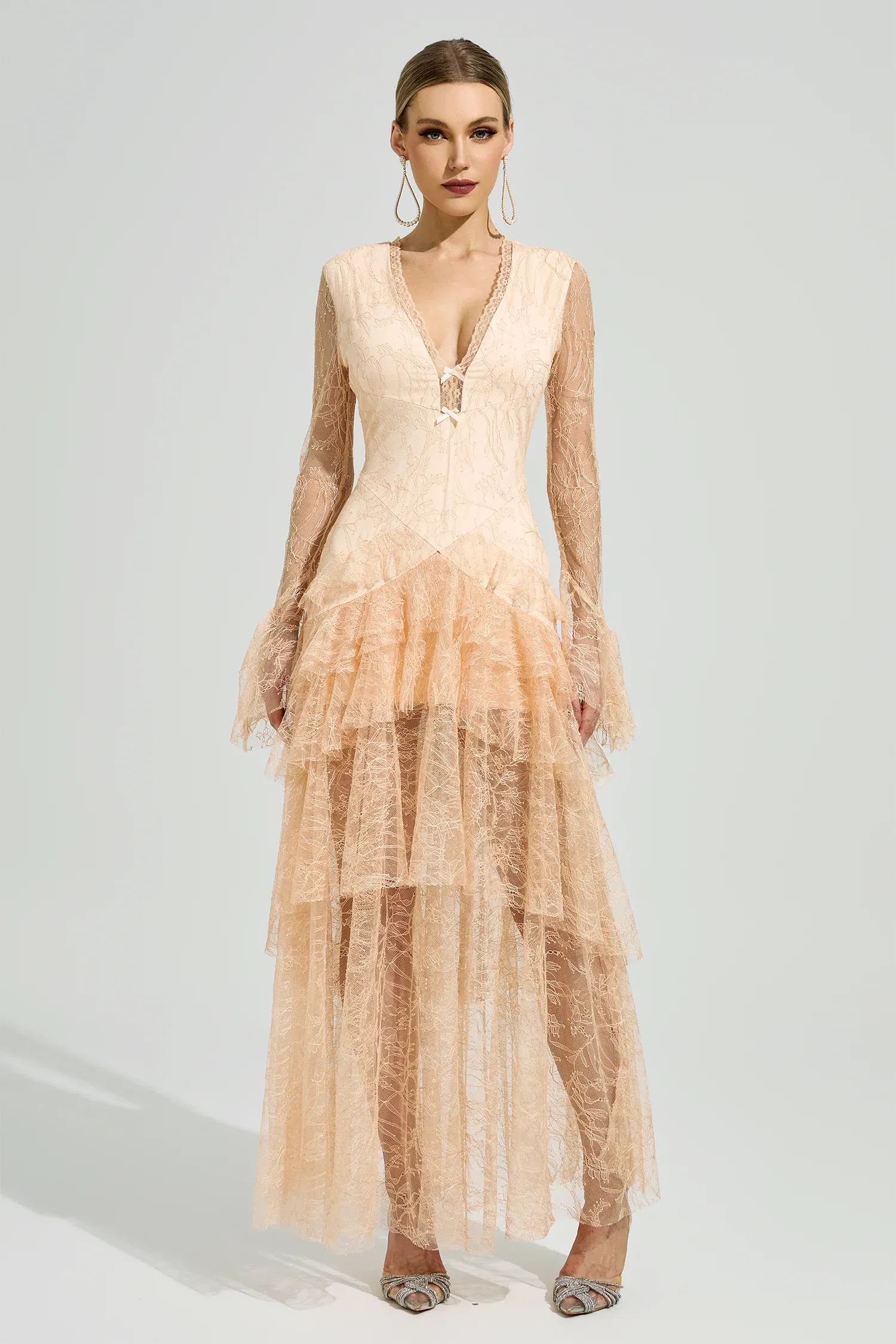 Florissa V Neck Lace Tiered Maxi Dress