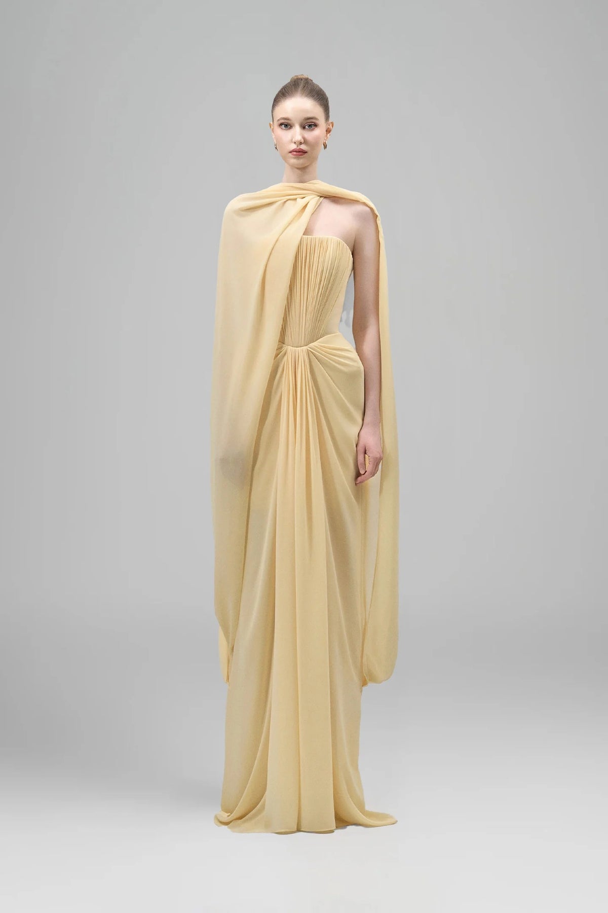 Eudocia Scarf Strapless Ruched Maxi Dress In Yellow