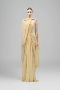 Eudocia Scarf Strapless Ruched Maxi Dress In Yellow