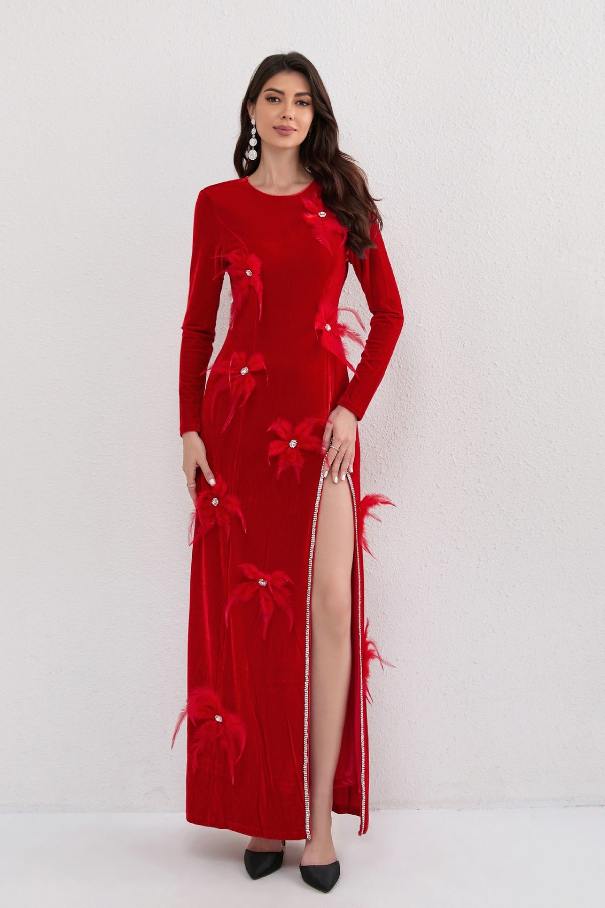 Ruzevich 3D Feather Flower Velvet Maxi Dress In Red