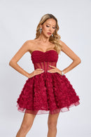 Osorio Strapless Floral Corset A Line Mini Dress In Red
