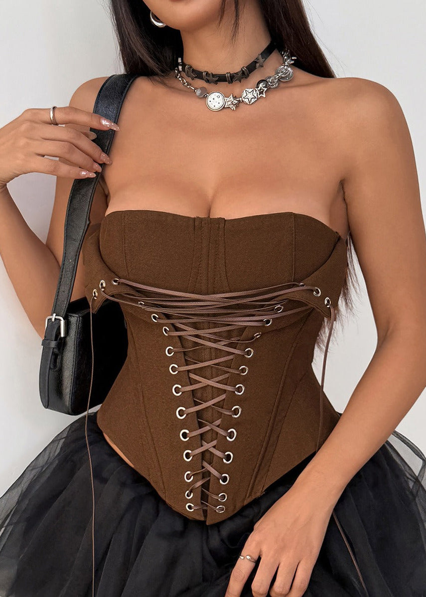 Analeia Brown Lace Up Corset Crop Top