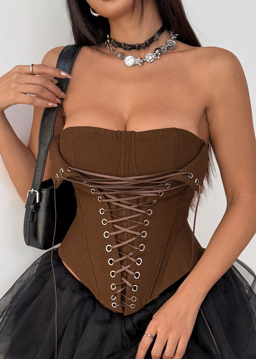 Analeia Brown Lace Up Corset Crop Top