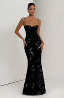 Dichen Black Floral Appliqué Corset Maxi Dress