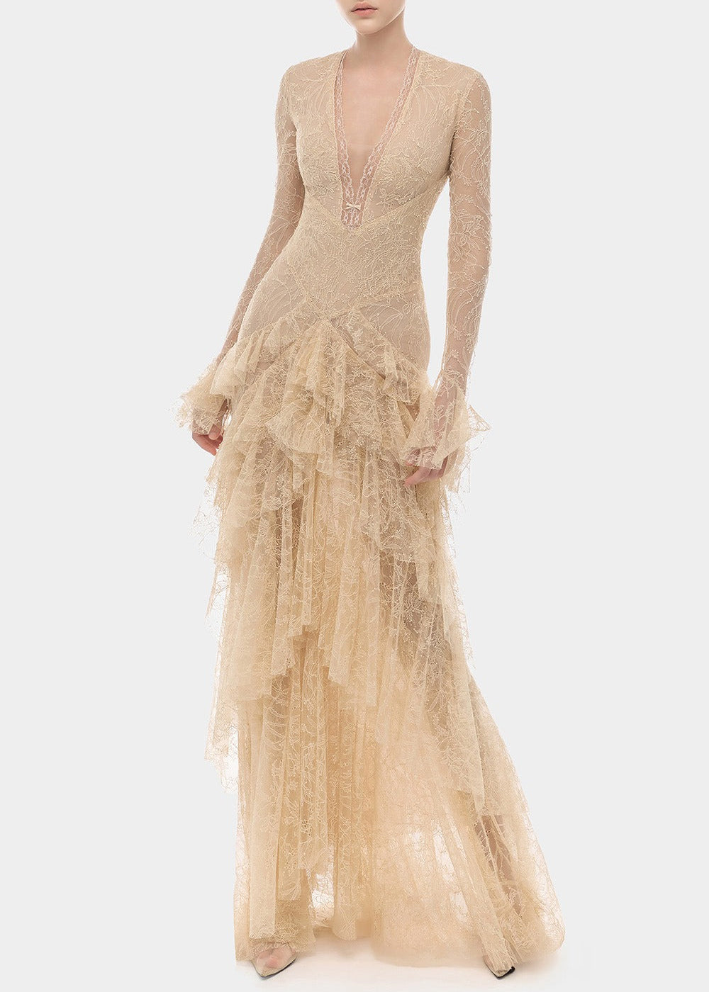 Florissa V Neck Lace Tiered Maxi Dress