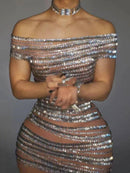 Gali Off Shoulder Rhinestone Mesh Mini Dress