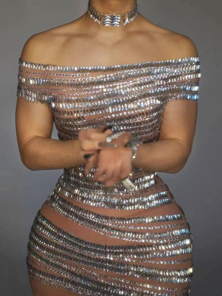 Gali Off Shoulder Rhinestone Mesh Mini Dress