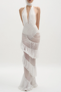 Rohak Halter Ruched Ruffle Maxi Dress In White