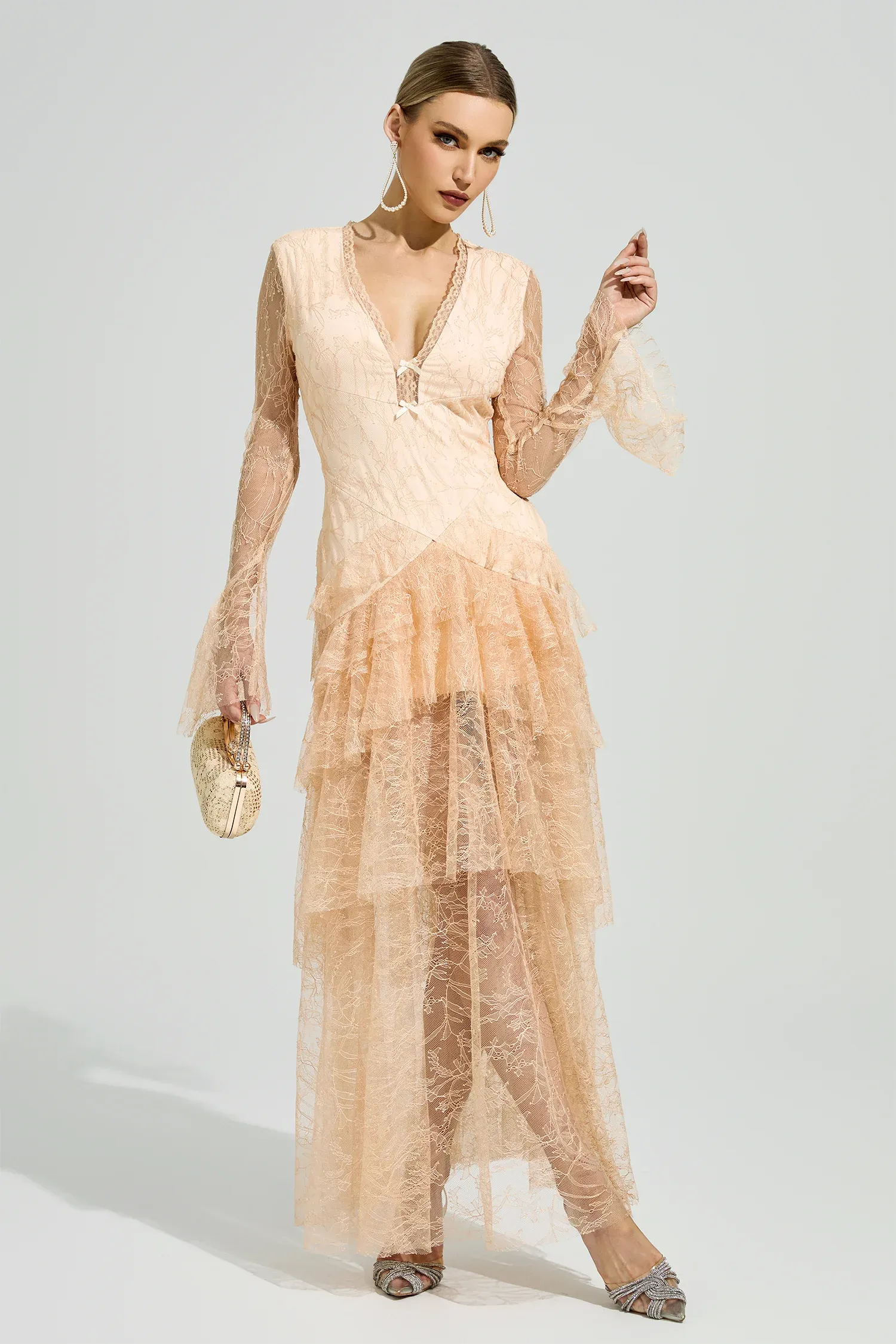 Florissa V Neck Lace Tiered Maxi Dress