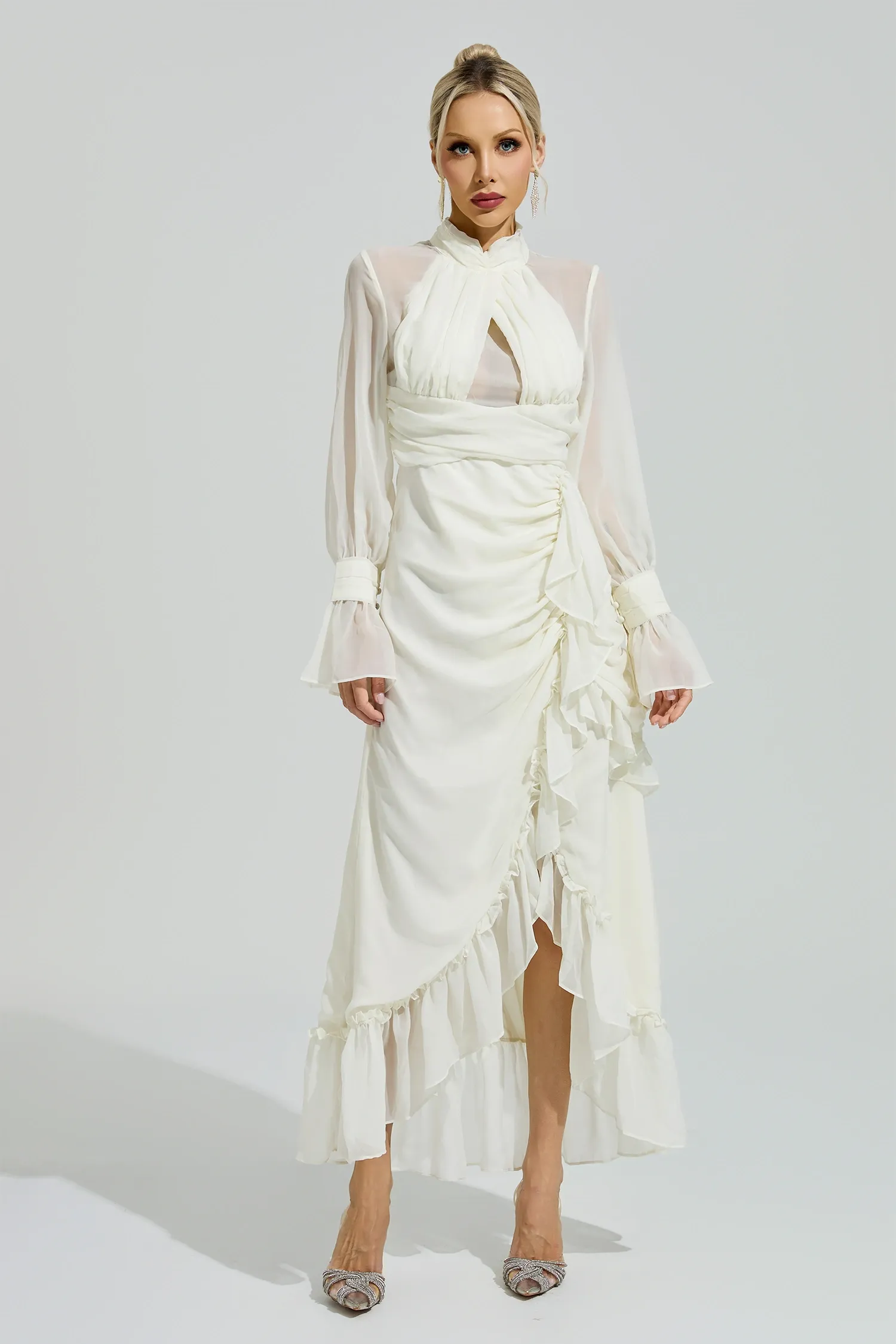 Walric Apricot Ruffle Slit Maxi Dress