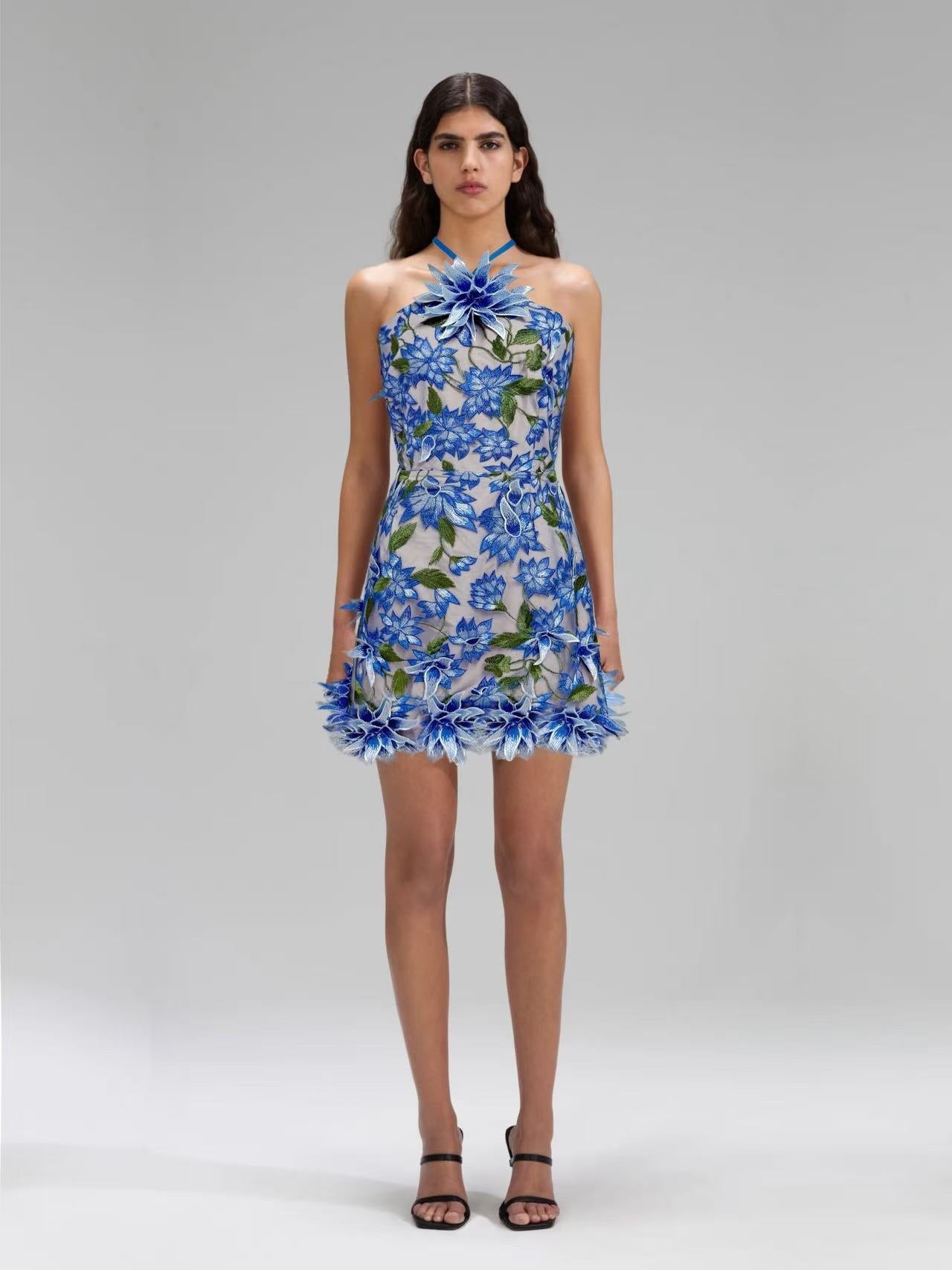 Raziya Halter Floral Embroidered Mini Dress In Blue