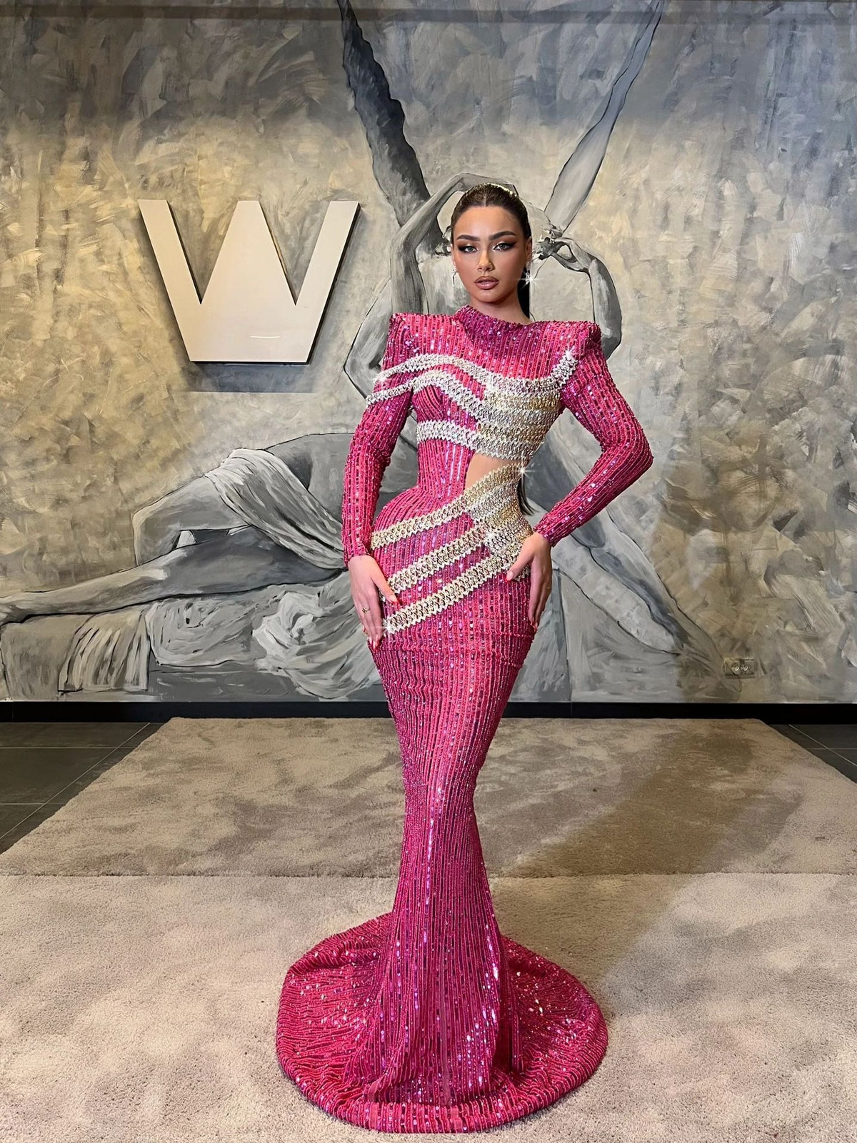 Seabi Long Sleeve Sequin Maxi Dress In Hot Pink
