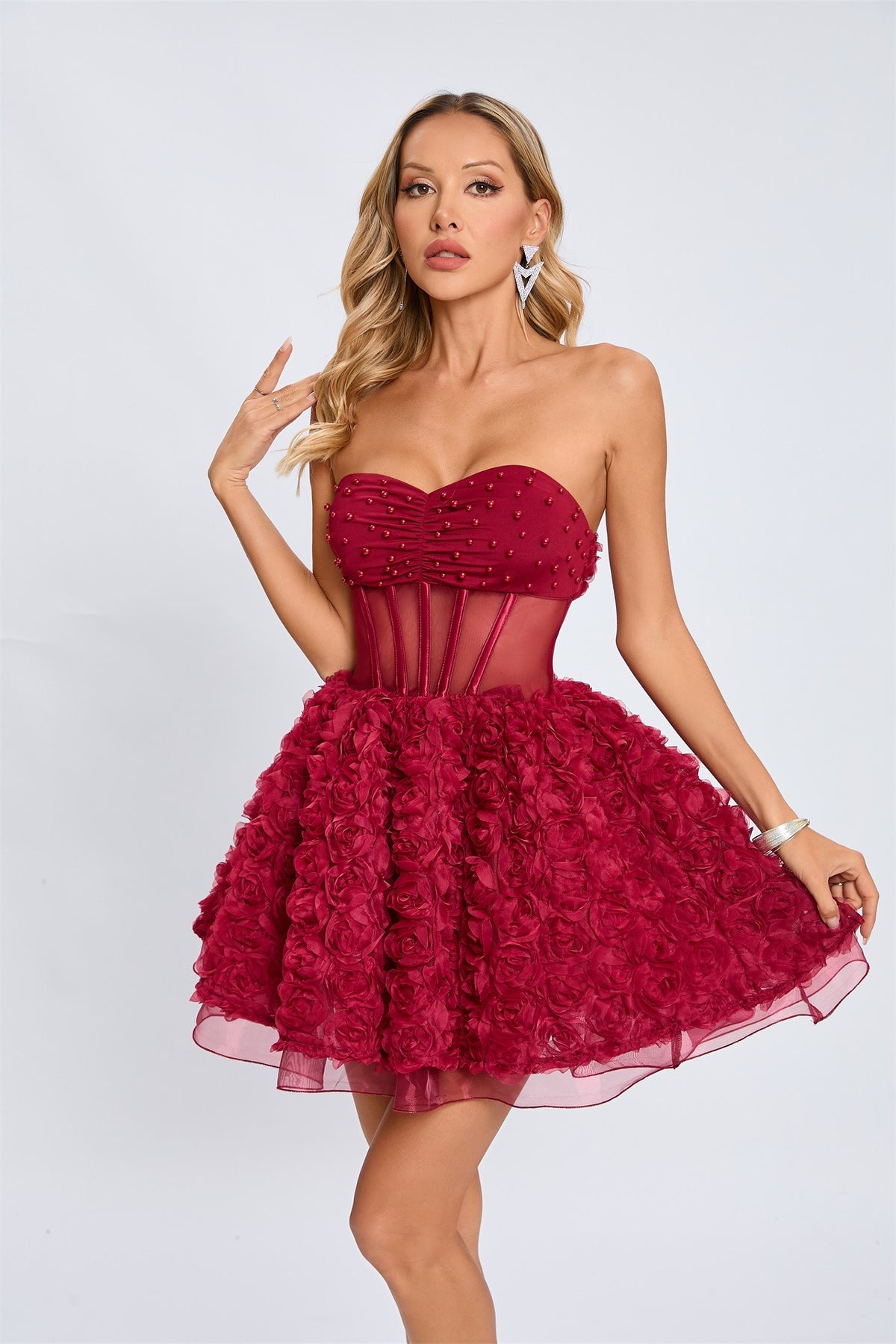 Osorio Strapless Floral Corset A Line Mini Dress In Red