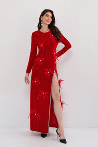 Ruzevich 3D Feather Flower Velvet Maxi Dress In Red