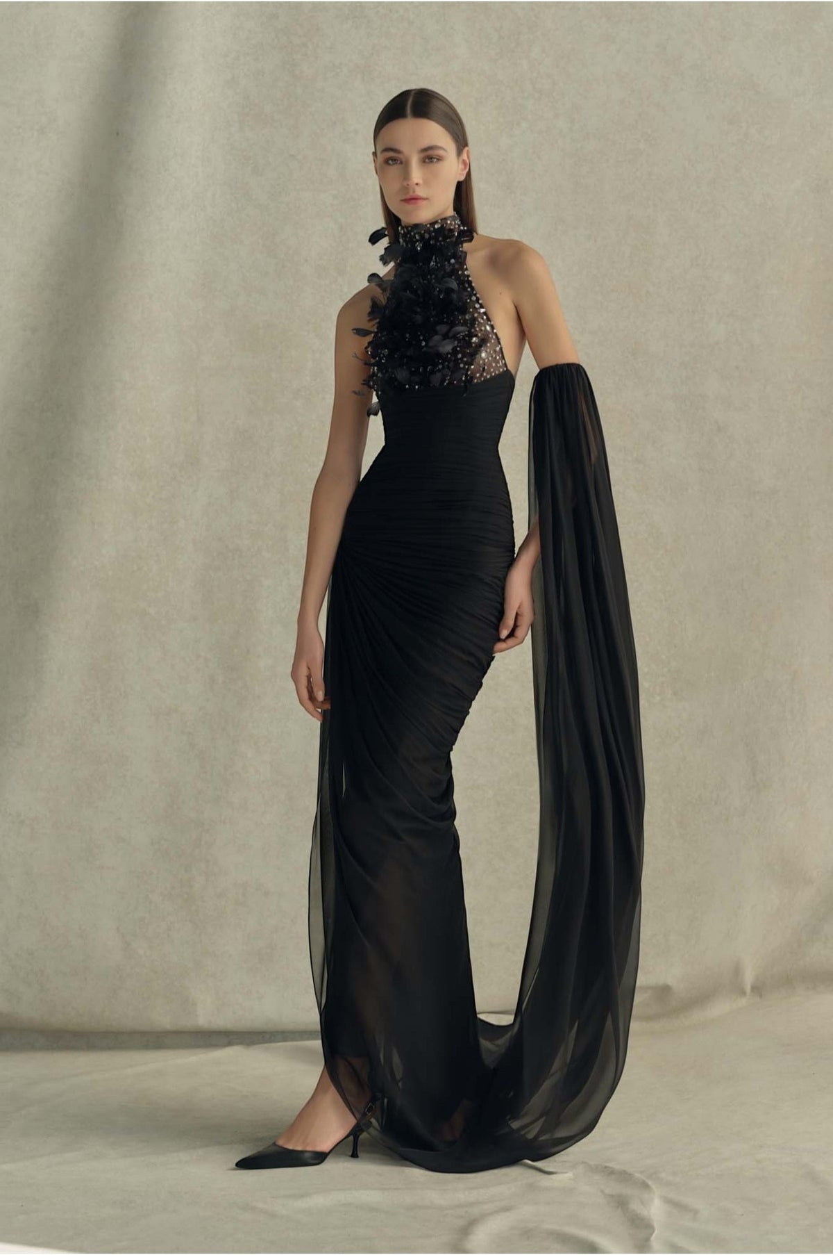 Sylvaren Halter Crystal Feather Draped Mesh Maxi Dress