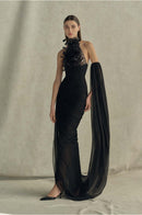 Sylvaren Halter Crystal Feather Draped Mesh Maxi Dress