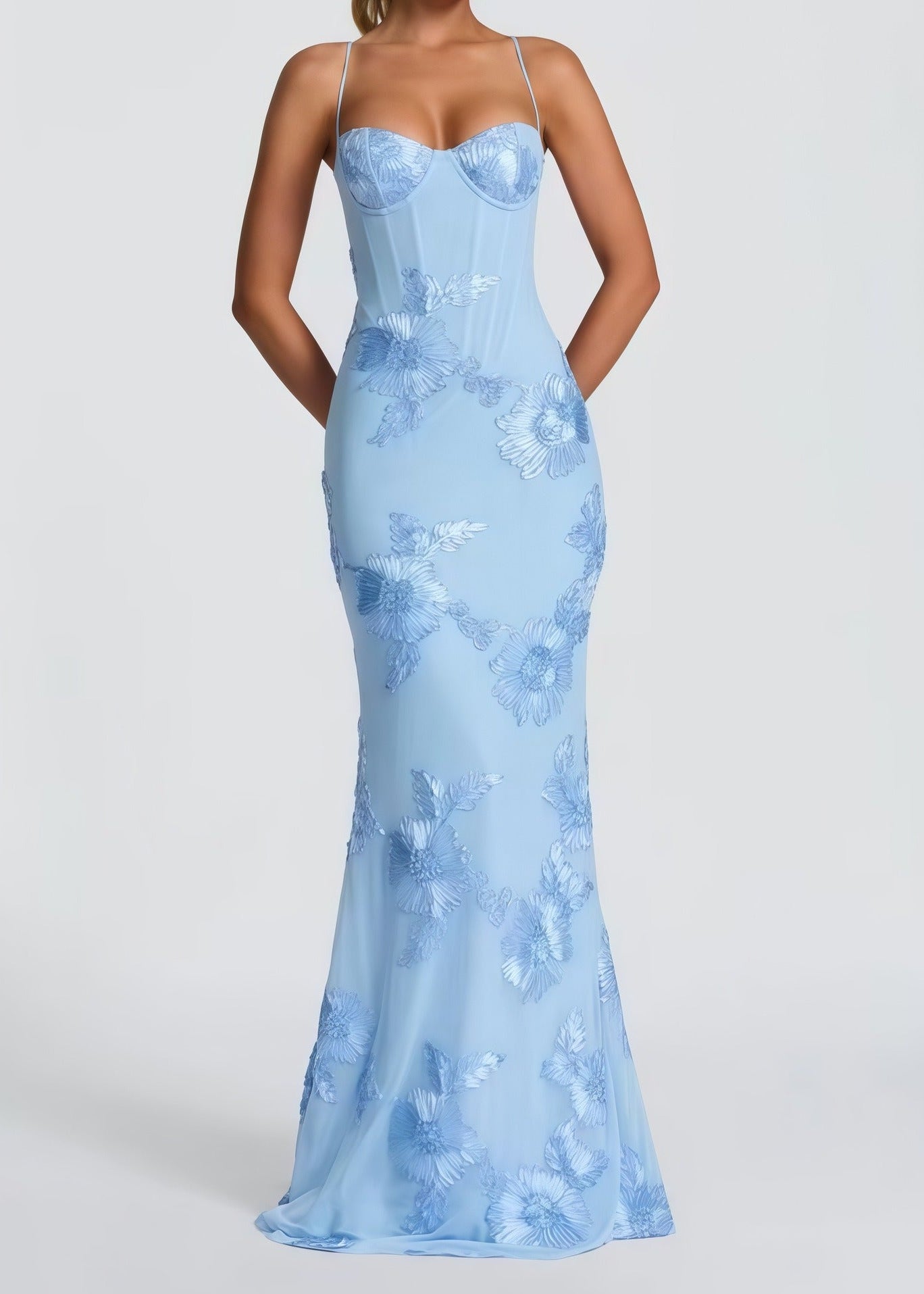 Dichen Blue Floral Appliqué Corset Maxi Dress