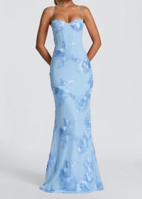 Dichen Blue Floral Appliqué Corset Maxi Dress