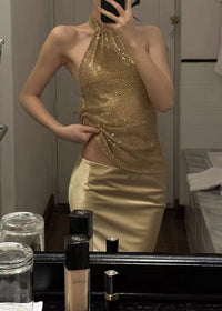 Zymera Halterneck Rhinestone Mesh Skirt Set