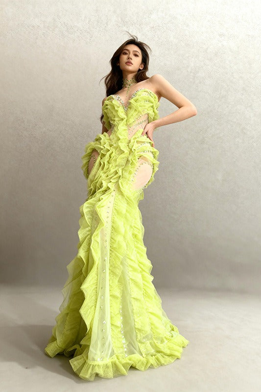 Elvynx High Neck Rhinestone Ruffle Maxi Dress