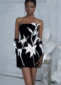 Rupali Tulip Flower A-Line Straight Across Neck Velvet Mini Dress