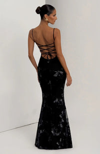 Dichen Black Floral Appliqué Corset Maxi Dress