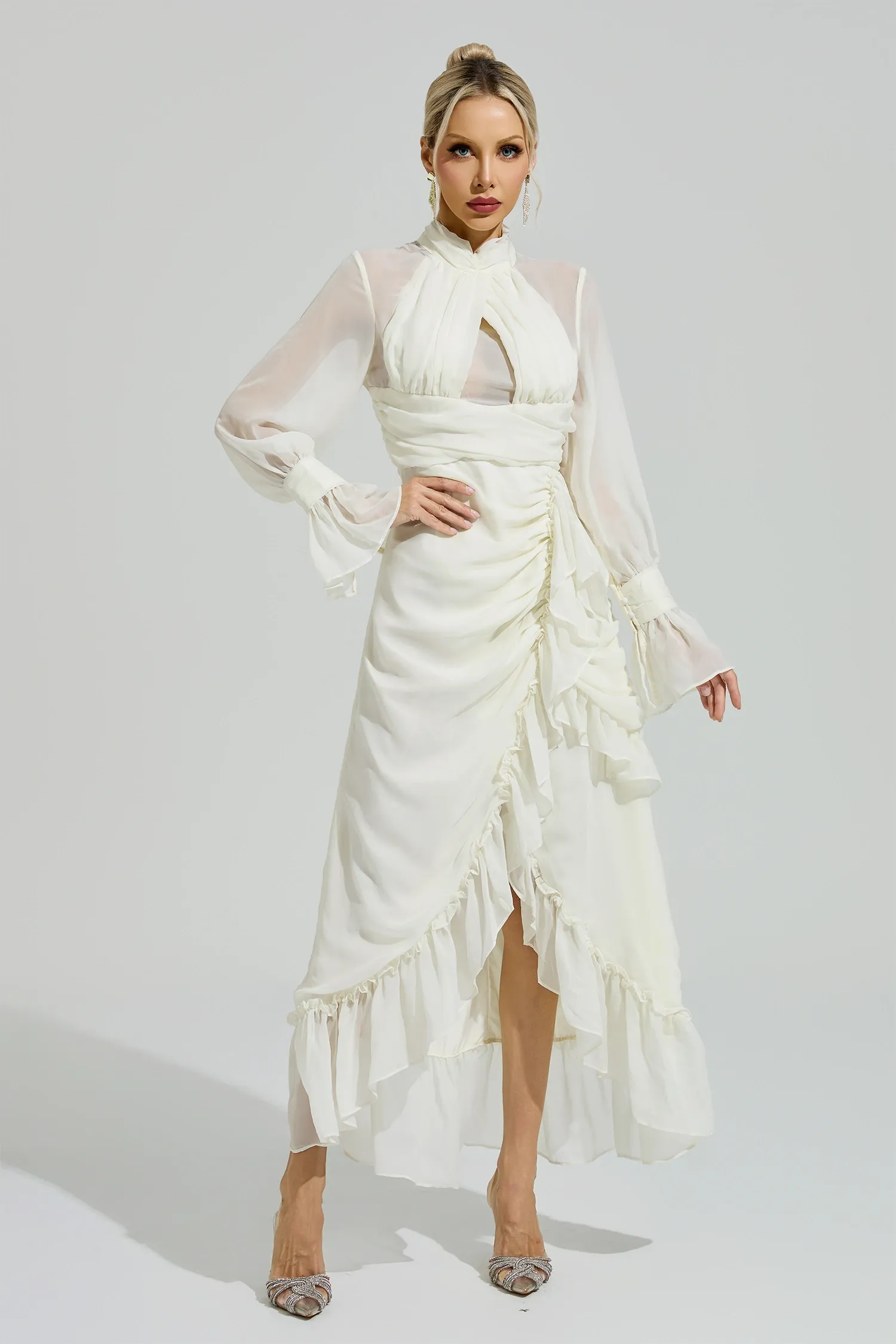 Walric Apricot Ruffle Slit Maxi Dress