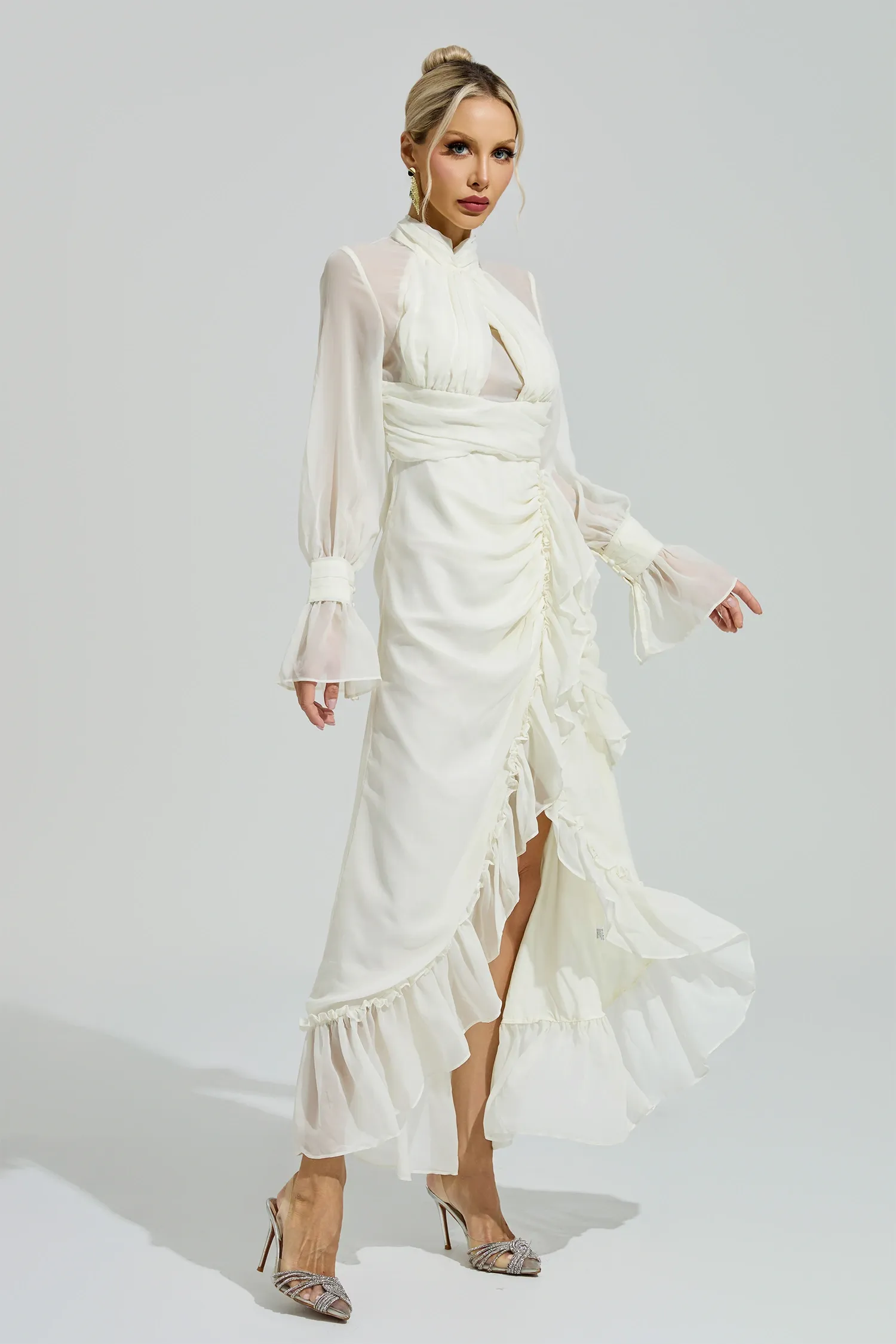 Walric Apricot Ruffle Slit Maxi Dress