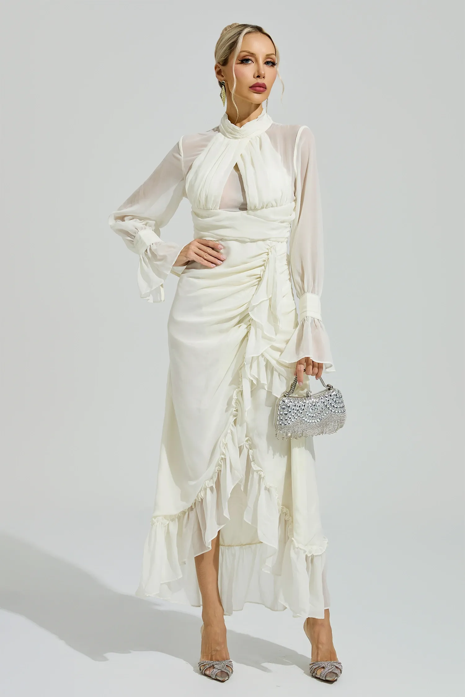 Walric Apricot Ruffle Slit Maxi Dress