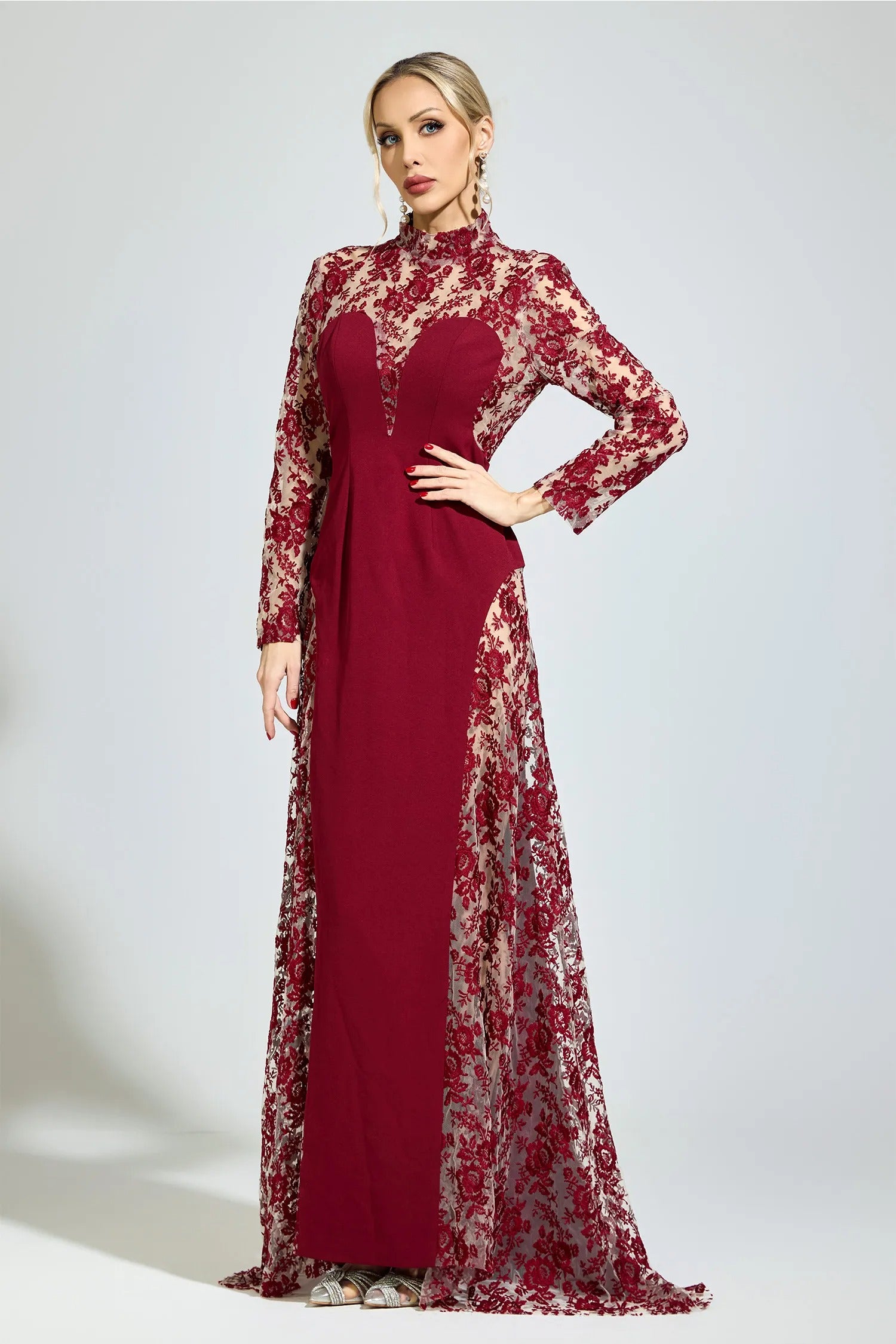 Oskeran Red Embroidered Formal Dress